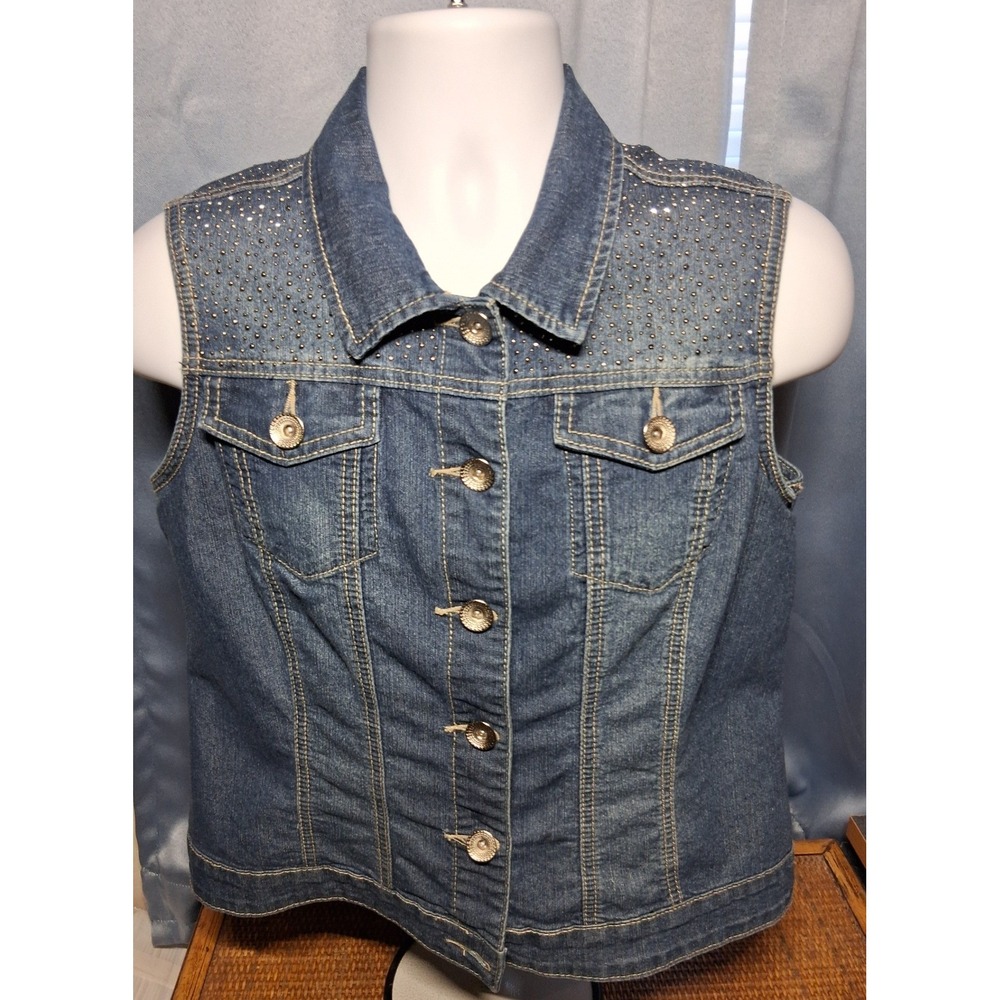 Rhinestone Studded Denim Vest Medium Wash Blue Button Front Sleeveless Jacket
